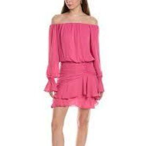 Krisa Pink Off-Shoulder Ruffle Skirt Mini Dress, size XS